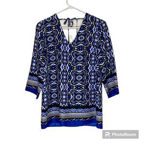 Chicos Womens Blouse Top Size 0 Small Blue Black Geometric V-Neck & Back Career